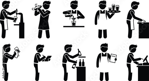 Strichmännchen-Piktogramme, die verschiedene Tätigkeiten eines Barkeepers oder Kellners in einer Bar oder einem Restaurant darstellen.