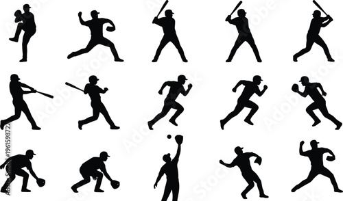 Silhouetten von Baseballspielern in verschiedenen Posen, darunter Werfen, Schlagen, Laufen und Fangen, auf weißem Hintergrund.