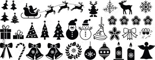 Christmas icon silhouette illustration, festive elements including trees, Santa sleigh with reindeer, snowflakes, gifts, ornaments, snowmen, wreaths, stars, bells, angel, holiday theme, vector art