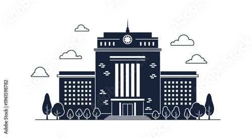 Modern building with columns and trees, symbolizing education or government