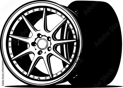 set of Custom Alloy Car Rim with Performance Tire Silhouette Vector for Sports Car Automotive Tuning and Aftermarket Branding vector on white background