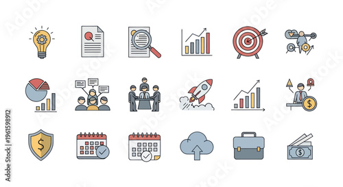 Business Icons Set: Strategy, Finance, Growth, Planning, Success, Teamwork, Innovation