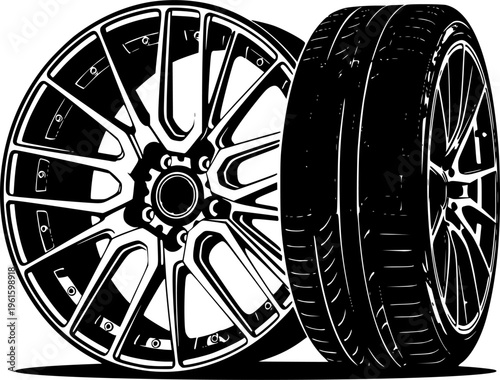 set of Custom Alloy Car Rim with Performance Tire Silhouette Vector for Sports Car Automotive Tuning and Aftermarket Branding vector on white background
