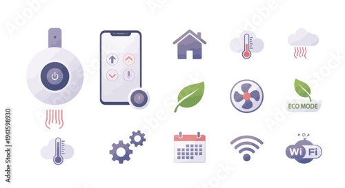 Smart Home Icons: Climate Control, Eco Mode, WiFi, Calendar, Thermometer