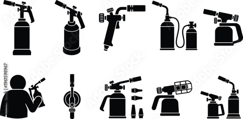 Eine Sammlung von detaillierten Piktogrammen und Silhouetten verschiedener Lötbrenner und Gasbrenner für Handwerk und Industrie.