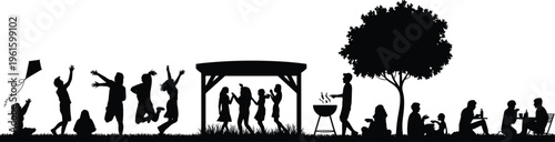 Picnic silhouette illustration, outdoor celebration with dancing under gazebo, children playing, barbecue grilling, and social gathering in park, leisure theme, vector art, black isolated bold design