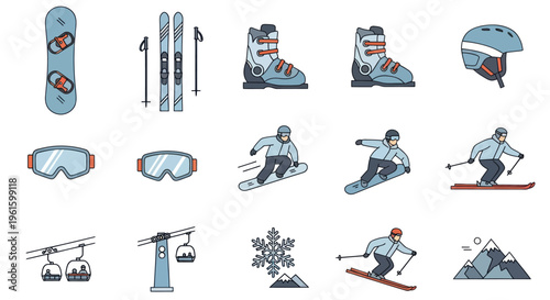 Winter Sports Equipment and Activities Flat Icon Set
