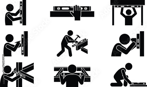Ícones de construção e ferramentas, incluindo pessoas usando níveis, martelando e montando estruturas.