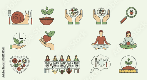 Healthy Lifestyle Icons: Diet, Nutrition, Meditation, Organic Food, and Wellness