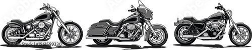 Black and white motorcycle silhouettes collection, classic and modern cruiser bikes vector set, detailed motorbike illustration for transport and automotive design