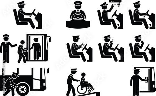 Busfahrer bei der Arbeit: Fahren, Passagiere betreuen, Tür öffnen und Fahrzeug überprüfen.