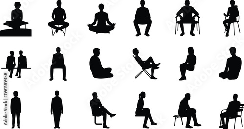 Silhouette illustration of people in seated and meditative postures, cross-legged, on chairs, benches, and stools, relaxation and mindfulness theme, vector art, black isolated bold design