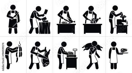 Piktogramme, die verschiedene Tätigkeiten eines Metzgers bei der Fleischverarbeitung und dem Verkauf darstellen.