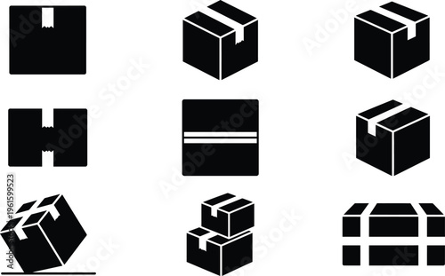Eine Sammlung von neun verschiedenen Schwarz-Weiß-Symbolen, die verschiedene Formen und Anordnungen von Paketen und Kartons darstellen, ideal für Logistik und Versand.