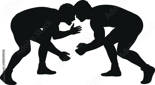 Wrestling silhouette illustration, two athletes in grappling stance facing each other, competitive sport posture theme, vector art, black isolated bold design