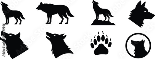 Black wolf silhouettes set including howling wolves predator heads and paw print for wildlife nature forest wilderness hunting and animal mascot logo design (24 words)