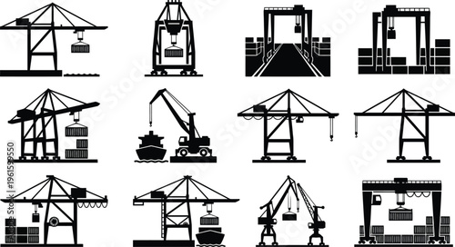 Sammlung von Silhouetten verschiedener Hafenkräne und Containerbrücken beim Be- und Entladen von Frachtschiffen und Containern in einem Industriehafen.