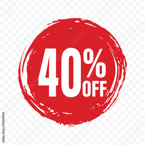 Red forty percent off grunge round label for retail price reductions and seasonal marketing deals