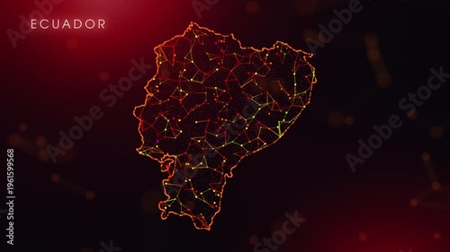 A dynamic motion video showcasing the Ecuador country border through a colorful plexus reveal. Glowing red and orange dots represent high-tech data communication and global digital networks.