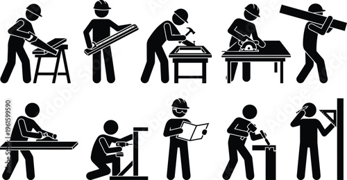 Piktogramme von Bauarbeitern und Handwerkern bei verschiedenen Tätigkeiten wie Sägen, Messen und Planen.