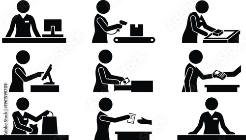 Piktogramme, die verschiedene Schritte im Einzelhandel und Kassenvorgang darstellen, von der Warenannahme bis zur Bezahlung und Verpackung.