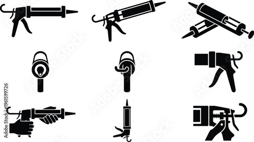 Silhuetas pretas de pistolas de calafetagem e aplicadores de selante, ilustrando ferramentas de construção e reparo.