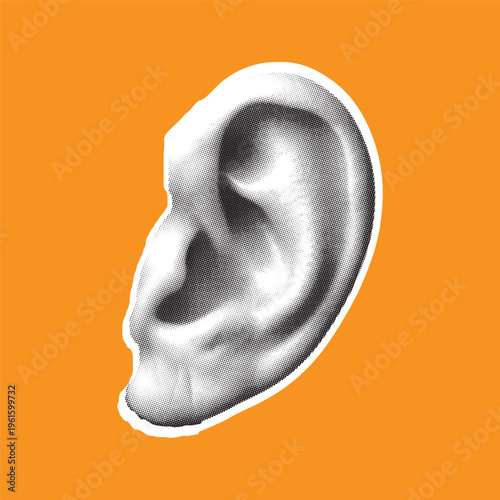 Halftone human ear. Vector black dots pattern. Collage element,  dotted textures, mixed media design, modern graphic design, halftone collage template.