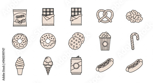Variety of Unhealthy Food Icons - Chocolate, Donuts, Hot Dogs, and More.