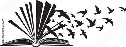 Birds flying out of an open book illustration design
