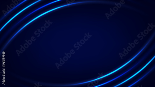 Abstract dark blue background with glowing neon light curves and copy space for futuristic digital technology presentation