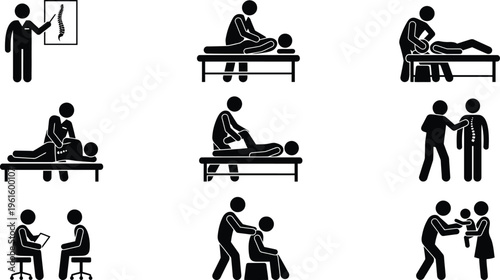 Ilustrações de figuras de palitos mostrando diversas sessões de fisioterapia, quiropraxia e massagem, incluindo consultas e reabilitação.