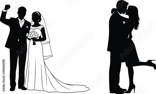 Black and white vector silhouette of romantic wedding couples celebrating marriage and kissing in elegant bridal attire on white background
