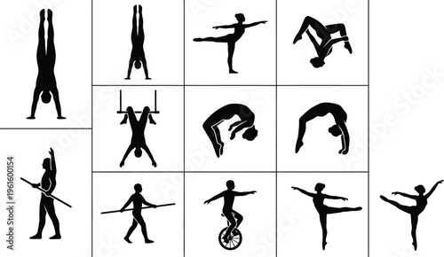 Silhouetten von Akrobaten und Turnern in verschiedenen Posen, darunter Handstände, Brücken, Trapeze und Balancierakte.