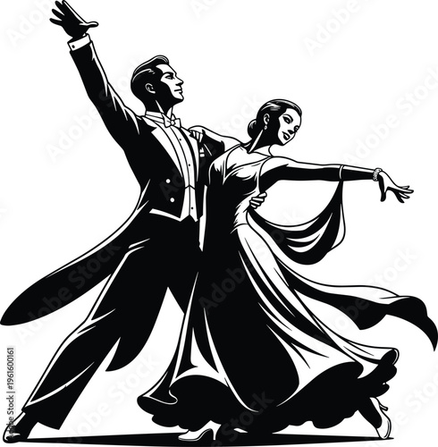 Elegant ballroom dancing couple illustration, classic waltz performance, romantic partnership movement, vintage style black white vector, graceful dance pose isolated