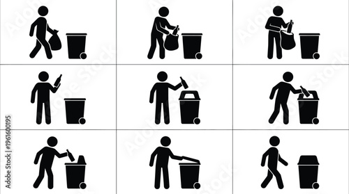 Piktogramme zeigen den Prozess der Müllentsorgung und Abfalltrennung in einem Mülleimer und einer Recyclingtonne.