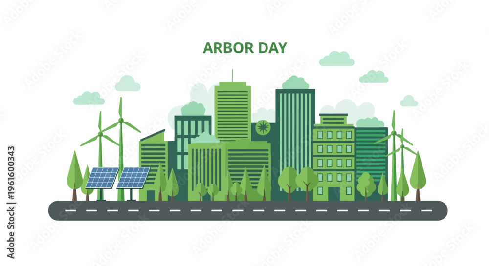 Naklejka premium Arbor Day Green City Landscape with Renewable Energy Illustration