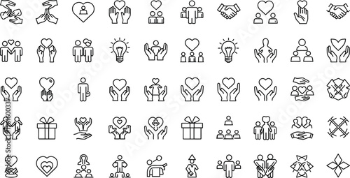Human Connection, Partnership, and Charity Icons Set for Social Engagement, Teamwork, Love, Gift Giving, Support, Volunteering, and Community Initiatives