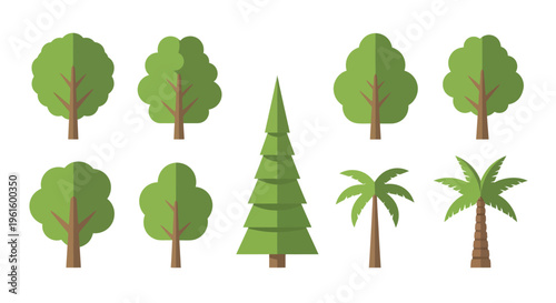 Tree Collection Set Flat Style Green Nature Illustration Isolated