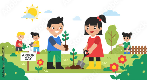 Kids Planting Trees for Arbor Day in Garden Flat Illustration