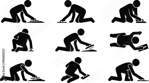 Detaillierte Darstellung von Personen bei Fliesen- oder Putzarbeiten in verschiedenen Positionen.