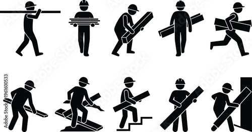 Arbeiter tragen Holzbretter und Balken in verschiedenen Positionen und Bewegungen auf einer Baustelle.