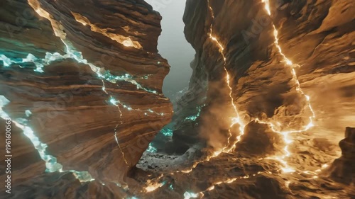 Cross-section of earth revealing layered strata and glowing crystalline formations inside a cavern