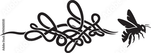 Stylized Bee Flying Around Abstract Swirling Black Lines Art