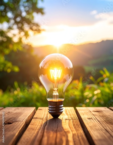 Lightbulb on Wooden Table with Sunset Background - Idea and Innovation.
