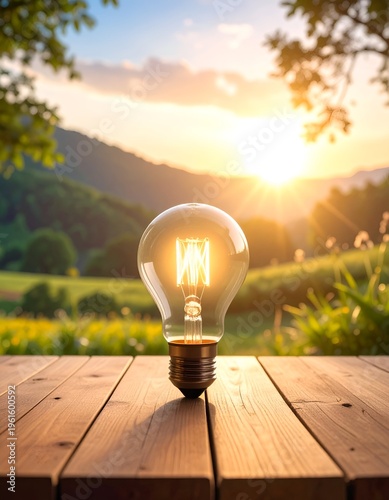 Illuminating Ideas - Light Bulb on Wooden Table at Sunset.