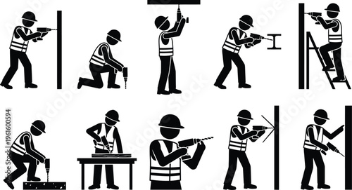 Ícones de trabalhadores da construção civil realizando diversas tarefas em um canteiro de obras.