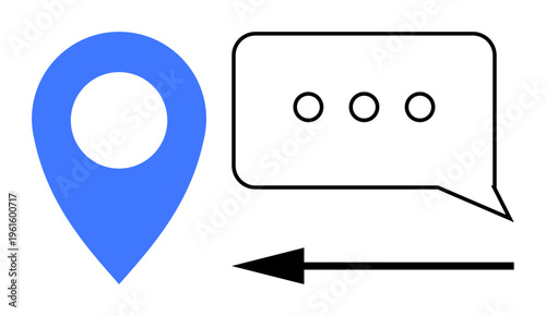 Navigation concept. Navigation symbols highlight routes and communication flow with a location pin, chat bubble, and arrow. Navigation for mapping, messaging, wayfinding, customer service, logistics