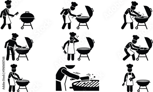 Verschiedene Piktogramme eines Kochs beim Grillen von Speisen auf einem Holzkohlegrill und der anschließenden Reinigung der Grillroste.