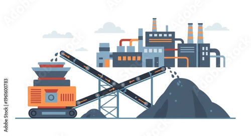 Coal Mining and Processing Plant Illustration with Conveyor Belts.