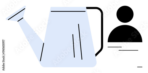Growth, nurturing, productivity, sustainability, garden care, self-development. Minimalist watering can and human silhouette. Growth and nurturing concept by objects